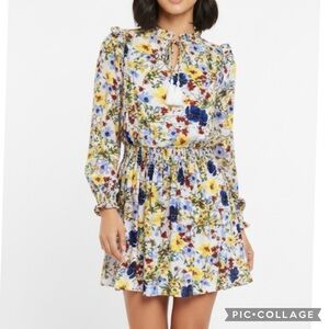 Banana Republic Dress Mini Smocked Floral Yellow Blue Long Sleeve XSP Boho Chic